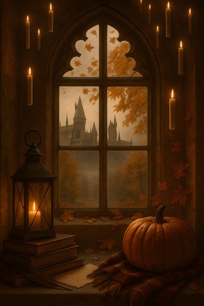 a pumpkin sitting on top of a pile of books next to a window filled with candles Harry Potter Halloween Iphone Fall Aesthetic Ipad, Harry Potter Halloween Aesthetic, Halloween Hogwarts, black