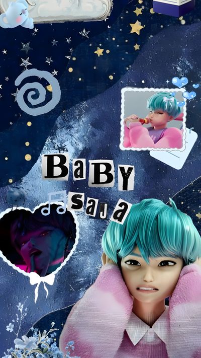 a girl with green hair and blue eyes is in front of a space themed background Baby Saja Halloween Cute Kpop Demon Hunters, Babysaja, Baby Saja, dark slate blue