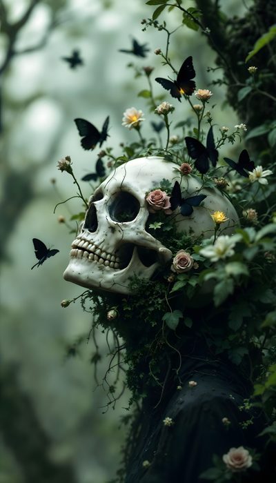 a human skull with flowers and butterflies on it's head is surrounded by greenery Cute Halloween Skull Skull Wall, Skull With Flower, Phone Dark Aesthetic, Skull, dark slate gray