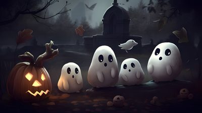 halloween scene with ghostes and pumpkins in front of a cemetery at night time Halloween 5k Ideas Halloween Ghost Background Hd, Halloween Ghost Background, Desktop Hd 1080p Halloween, black