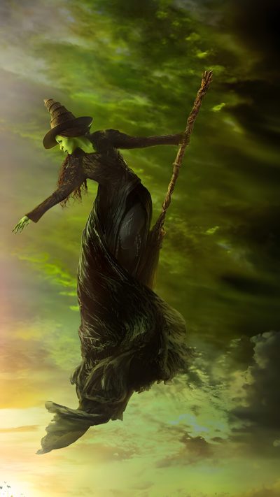 a painting of a woman floating in the air on a rope with her arms outstretched Wicked Halloween Wicked Quotes, Iphone Winter, Winter Iphone, Elphaba And Glinda, dark olive green