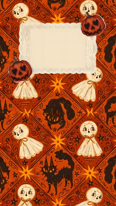 an image of a halloween card with ghost and pumpkins Johanna Parker Halloween Vintage Halloween Lockscreen, Halloween Iphone Backgrounds, Halloween Cute, firebrick