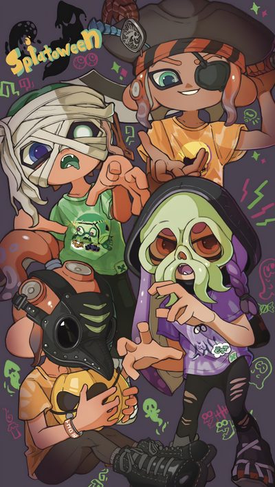 some cartoon characters are posing for the camera Splatoon Halloween Splatoween Official Art, Splatoon 3, Splatoon 3 Iphone, Splatoon Art, dark slate gray