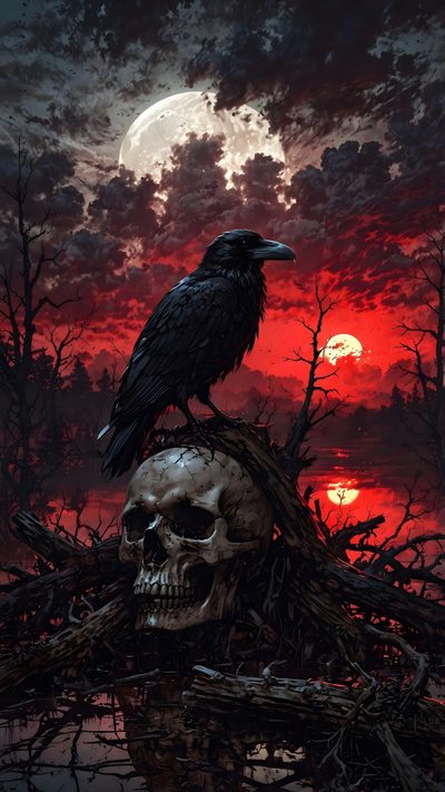a crow sitting on top of a human skull Halloween Crow Dark Custom Creepy Backgrounds, Nghệ Thuật Kinh Dị, Samurai, Dark Art Photography, Scary, black