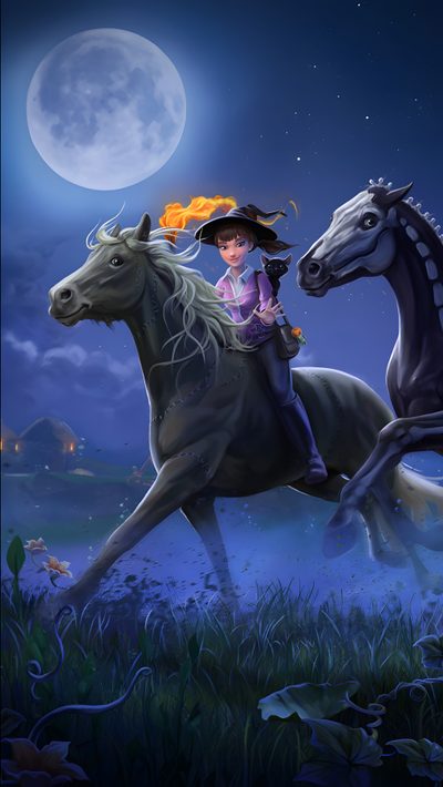 a girl riding on the back of a horse in front of a moon filled sky Star Stable Halloween 4k Horse Riding Tales Game, Star Stable Pc, Soul Riders Star Stable, dark slate gray