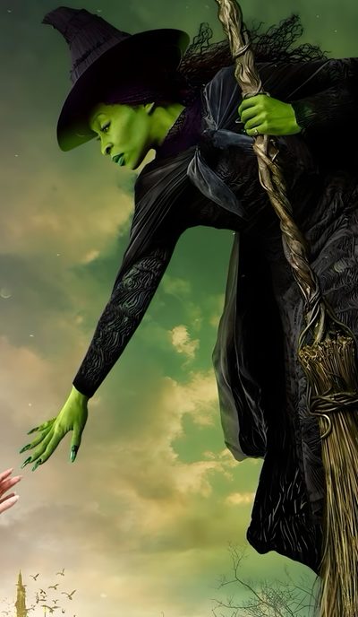 a man in a witches costume is holding onto a tree with his hands as if he was trying to scare him Wicked Halloween Wicked Film, Wicked Witch Of The West, Glinda The Good, Ariana Grande, dark olive green