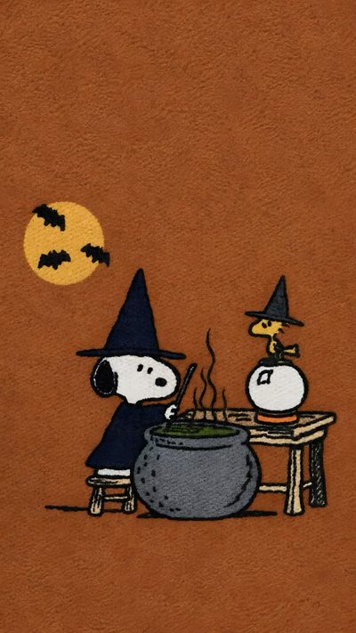 snoop and his witch friend roasting soup in front of the full moon on halloween Snoopy Halloween Iphone Iphone Halloween Aesthetic, Fall I Phone, Cute Retro Halloween, saddle brown