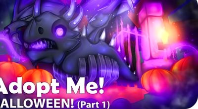 the title for adopt me halloween part 1, with an image of a demon and pumpkins Adopt Me Halloween Shadow Dragon Adopt Me, Mega Shadow Dragon Adopt Me, Evil Dragon Adopt Me, dark slate blue