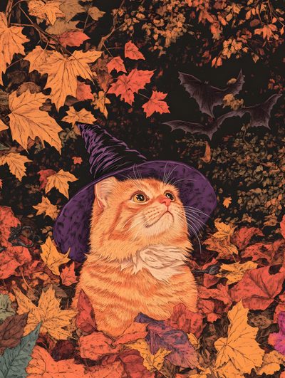 an orange and white cat wearing a purple witches hat surrounded by leaves with bats in the background Orange Cat Halloween Vintage Halloween Cat, Halloween Character Ideas, Spooky Cat, October Cat, sienna