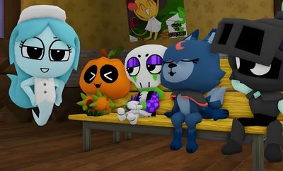 five cartoon characters sitting on a bench in a room Dandys World Halloween Toons Halloween Toons, Halloween Dandys World, Halloween Toons Dandys World, dark olive green