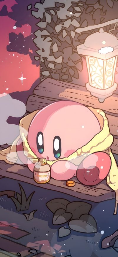 a cartoon character laying on top of a wooden bench next to a lantern and tree Kirby Halloween Iphone Cute Phone Ideas, Kirby Animated Art Style, Kirby Cozy Night Scene, gray