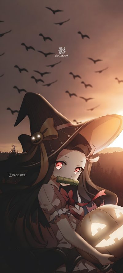 a woman in a witches hat with birds flying above her and the sun behind her Nezuko Kamado Halloween Nezuko Thanksgiving, Nezuko 4k Iphone, Anime Kawaii Halloween, dark olive green