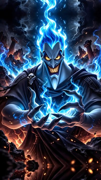 an evil villain with blue hair and glowing eyes Halloween Disney Villains Heroes And Villains, Disney's Hercules, Hades Disney 4k, dark slate gray