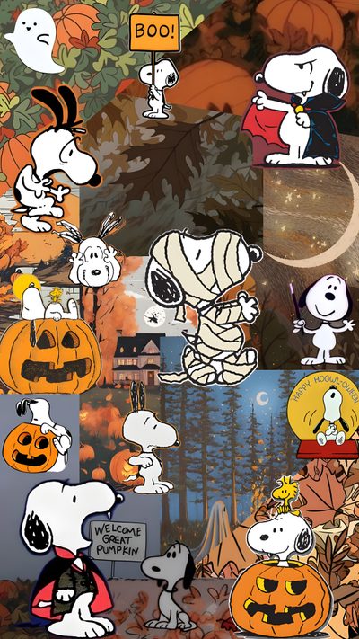 the peanuts gang halloween wallpaper with pumpkins and jack - o'- lanterns Snoopy Halloween Iphone Snoopy Collage Background, Snoopy Autumn, Peanuts, dim gray