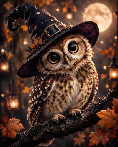 an owl wearing a witches hat sitting on a tree branch with lights in the background Halloween Owl Owl With Witch Hat, Halloween Owl Painting, Owl With Witch Hat Illustration, dark slate gray