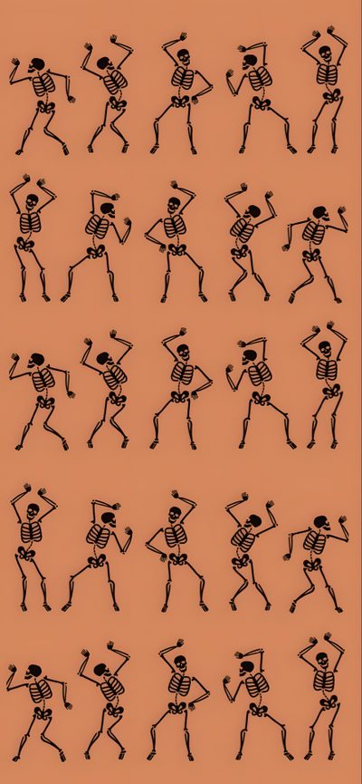 an image of skeletons dancing in different positions Halloween Dancing Skeleton Fall Colored Iphone, Halloween Aura, Halloween Home Screen, Skeleton Iphone, peru