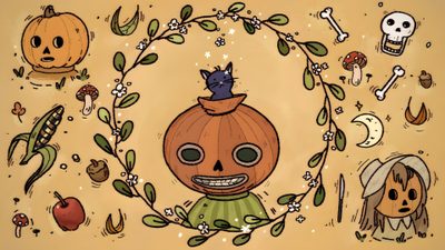 an illustration of a pumpkin surrounded by other halloween related items, including cats and dogs Old Ways Halloween Over The Garden Wall Ipad, Over The Garden Wall Laptop, Over The Garden Wall Desktop, burlywood