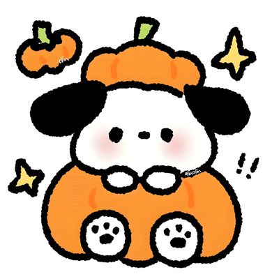 a drawing of a dog in an orange outfit with stars and pumpkins around it Pochacco Halloween Halloween Sanrio Drawings, Pochacco Pumpkin Carving, Pochacco Fall, white