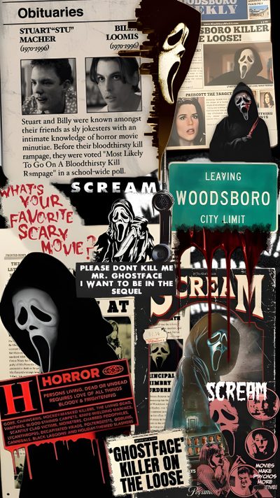 a collage of posters and advertisements with scary faces on them, including the words'living woodsboro city limit ' Halloween Iphone Movies And Shows Movie Character, Classic Horror Movies Posters, Halloween Backgrounds, dark olive green