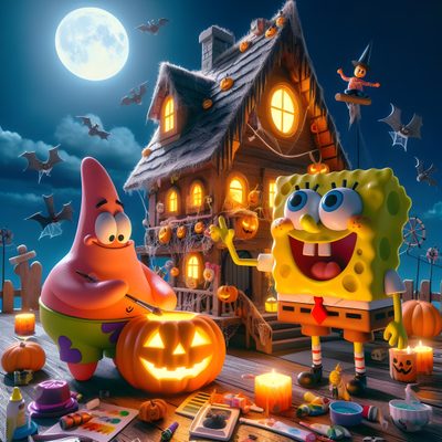 spongebob and patrick halloween scene with pumpkins on the ground in front of a house Spongebob Halloween 4k Halloween Season, Black And White Cartoon, Animated Characters, dark olive green