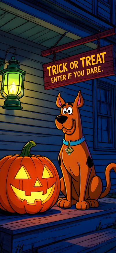 a cartoon dog sitting next to a jack - o'- lantern and a trick or treat sign Scooby Doo Halloween Iphone Scooby Doo Fall, Scooby Doo Halloween Iphone, Halloween Cartoon, dark slate gray