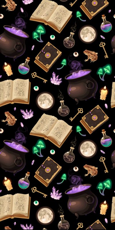 a pattern with books, caulders and other items on it's surface Dnd Halloween Halloween, Witchy Halloween Iphone, black