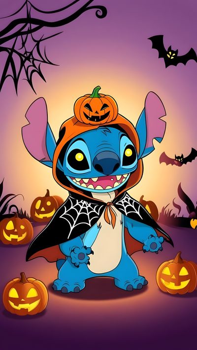 a cartoon character with pumpkins and bats in the background Cute Stitch Halloween Aesthetic Photo Halloween, Image Halloween, Halloween Iphone Backgrounds, gray