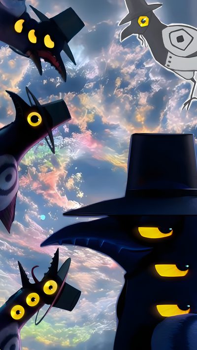 an animated halloween scene with cats and bats flying in the sky, including a witch's hat Kpdh Halloween Migration Fanart, K-pop Demon Hunters Backgrounds, Cute K-pop Demon Hunters, slate gray