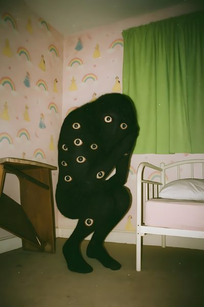 a person standing in front of a bed with eyes on it Weirdcore Halloween Backroom Monster, Liminal Monsters, Dreamcore Monsters, Weirdcore Terror, dark olive green