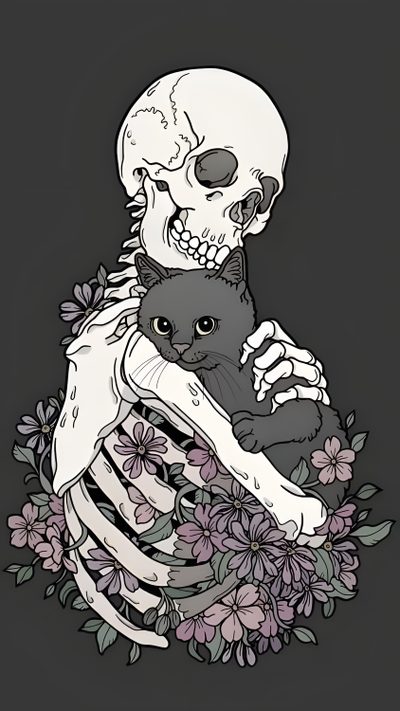 a skeleton holding a cat in its arms with flowers around it canvas print on black background Kitty Skeleton Halloween Cats Skeleton, Anime, Edgy, Skull, Stuffed Animals, Cat, dark slate gray