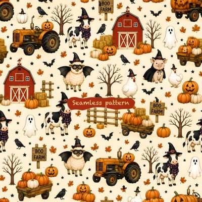 a halloween themed pattern with pumpkins and farm animals Halloween Farm Farm Animals, Seamless Patterns, Fashion Outfits, Halloween, Animals, Pattern, blanched almond