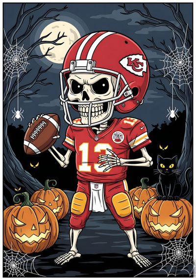 a skeleton football player holding a ball and pumpkins Chiefs Halloween Zombie Cheerleader, Vintage Halloween Decorations, Halloween Illustration, dark slate gray