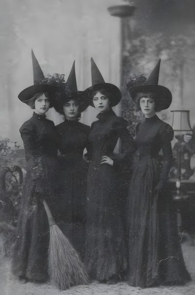 an old black and white photo of three women wearing witches hats Vintage Halloween Witch Famous Witch, Classic Witch, A Witch, Witchcraft Theme, dark slate gray