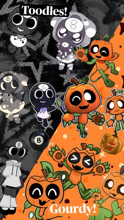 an orange and black background with cartoon characters Dandys World Halloween Toons Dandy, Pokemon Go, Dibujos Animados Bonitos, Pokemon, Pokémon, dark olive green