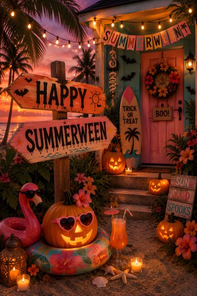 a sign that says happy summerween next to some pumpkins and flamingos Halloween Summerween Summerween, Summerween Aesthetic, Summerween Party, Tiki Hawaii, saddle brown