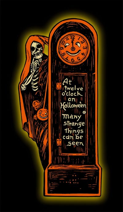 an orange and black clock with a skeleton on it's arm in the dark Beistle Halloween Antique Halloween Decorations, Vintage Halloween Collectibles, Vintage Halloween Collection, black