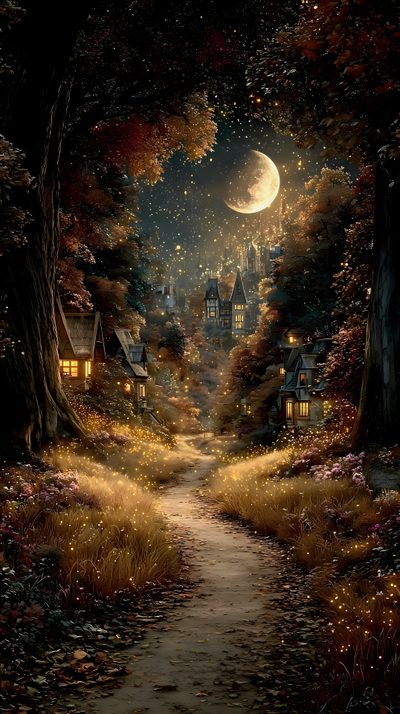 an image of a night time scene with trees and houses in the woods, all lit up by lanterns Enchanted Halloween Galaxies, Mystical Places, Pretty Nature Pictures, Fairytale Fantasies, black