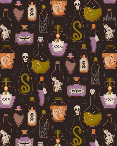 an image of bottles with skulls and bones on them in purple, orange and green colors Halloween Potion Halloween Vector Pattern, Halloween Pattern With Spooky Icons, Halloween Day Seamless Pattern Design, black