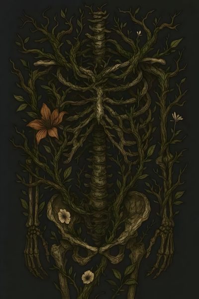 the skeleton is surrounded by branches and flowers in this illustration, it appears to be looking like an x - ray Halloween Plant Eco Horror Aesthetic, Nature Skeleton, Creepy Botanical Art, Botanical Skeleton Art, black