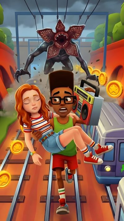 an image of a man and woman riding on train tracks in front of a monster Matching Stranger Things And Halloween Characters Stranger Things Lockscreen, Max Stranger Things 4, Stranger Things Tv Series, sienna