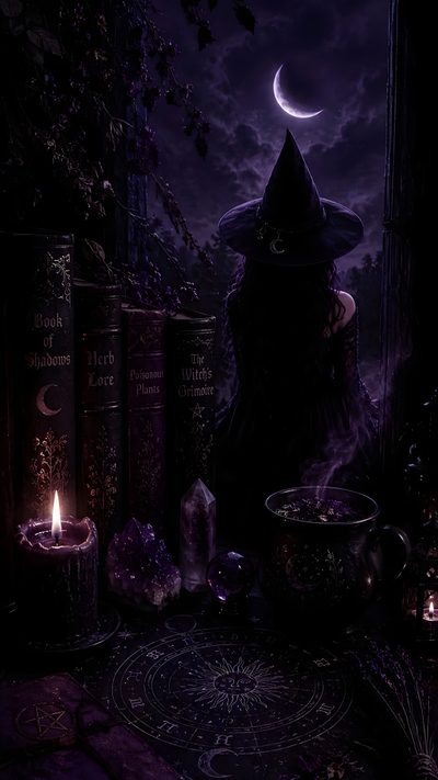 a witch's hat sitting on top of books next to a candle Halloween Purple Witch Witchy Iphone, Witchy Phone, Witchy Aesthetic, Purple Witchy Aesthetic, Wiccan, black