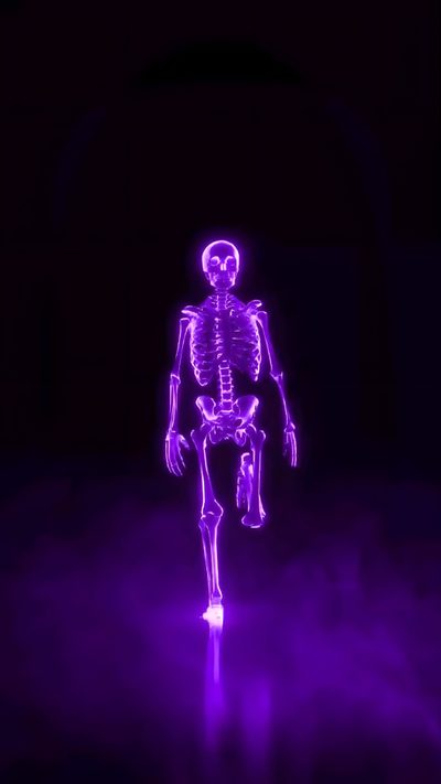 a skeleton is sitting in the dark with purple light on it's legs and feet Neon Purple Halloween Hologram Video, Halloween Live, Happy Halloween Pictures, Funny Dancing Gif, black
