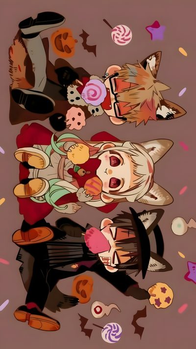an image of two people surrounded by confetti and sprinkles Hanako Halloween October Anime, Anime Kawaii Halloween, Hanako Halloween, Hanako Kun Halloween Art, dim gray