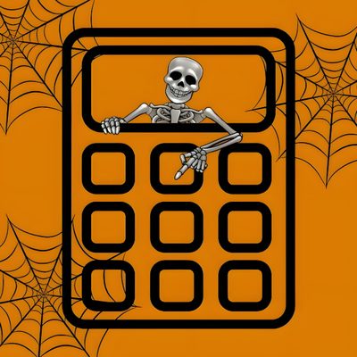 a skeleton sitting on top of a calculator surrounded by cobwebs Halloween App Icons Halloween Calculator Icon, Halloween App Icon Capcut, Halloween Calculator, chocolate