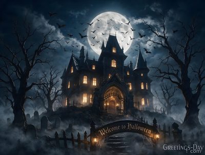 an image of a creepy castle at night Halloween House Ideas Halloween Haunted Houses, Halloween, Halloween Haunt, Home, dark slate gray