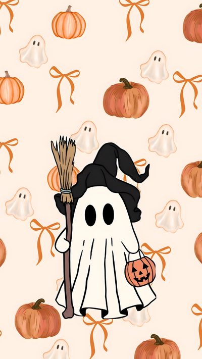 an image of a ghost with a broom and pumpkins on it's back Show Me Halloween Halloween Simple, Halloween Cute, Halloween, Ghost Halloween, Ghost And Bows, linen