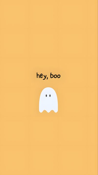 an orange background with the words hey boo in black lettering on it and a white ghost face Cute Halloween Hey Boo Fall Funny, Ghost Dog For Phone, Ghost Aesthetic Cartoon, Hey Boo, sandy brown