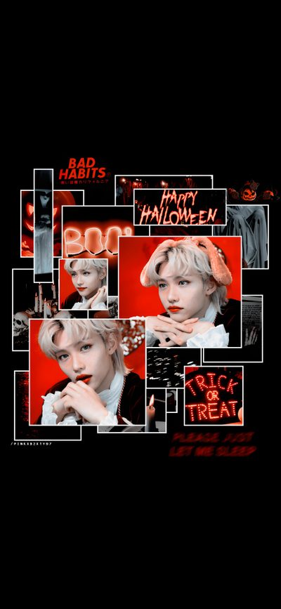 a collage of photos with the words happy halloween Felix Halloween Halloween Skzoo, Halloween Skz, Skz Halloween, Halloween Stray Kids, black