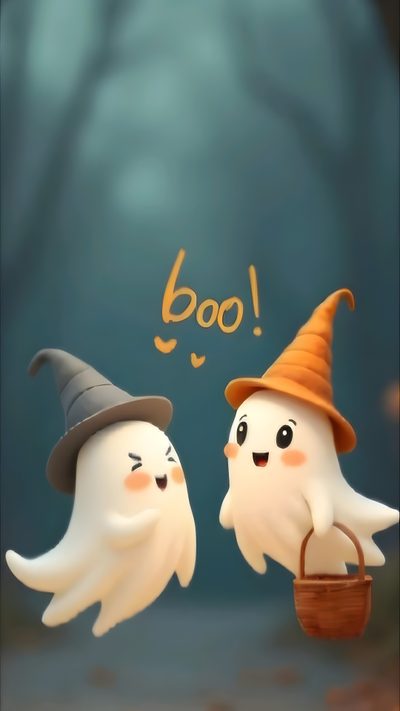 two white ghostes with hats on and one is holding a basket Cute Halloween Boo Bestie Cute Bhoot Cartoon, Cute Bhoot, 3d Cute Halloween, Animated Cute Ghost 4k, dim gray