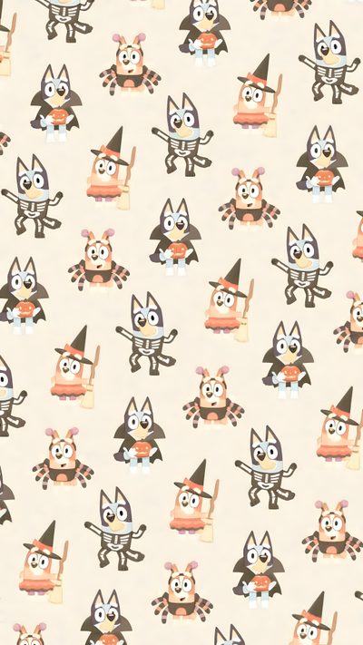an animal themed wallpaper with lots of cats and witches Bluey Halloween Aesthetic Spooky Iphone, Bluey Halloween Background, Bluey And Bingo Halloween, antique white